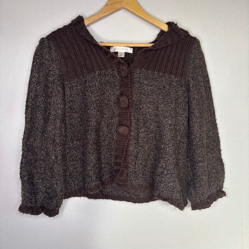Decree Women’s Brown Cropped Hooded Button Up Knit Sweater Size Large
